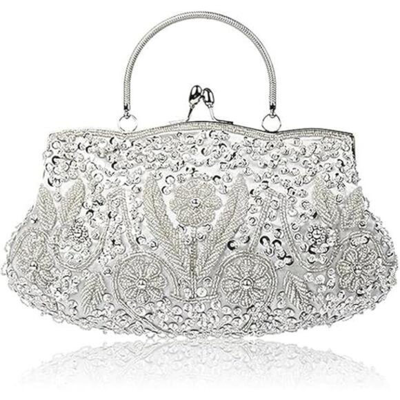 Handbags - Beaded Sequin Design Flower Large Clutch Bag White